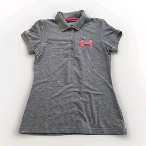 Under Armour Polo Women M Gray Pink Accents Heat Gear SS Semi Fitted Golf Active
